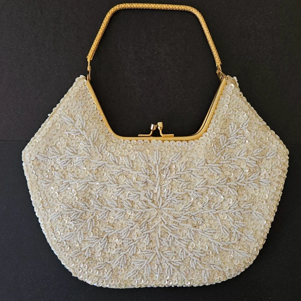 Chic Cream Beaded Clutch with Gold Handle - Picture 1 of 3